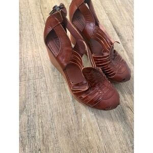 Ragazza Brown Leather Huarache Wedge Sandals Caged Platform Made in Mexico 10.5